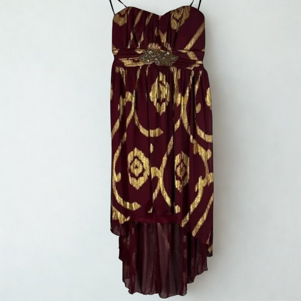 BCX Dress strapless burgundy and gold high low fully lined size 9